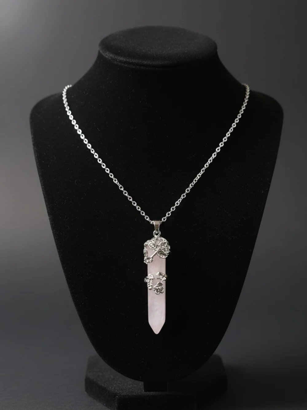 Delicate Pink Rose Quartz Point Pendant Necklace in Silver